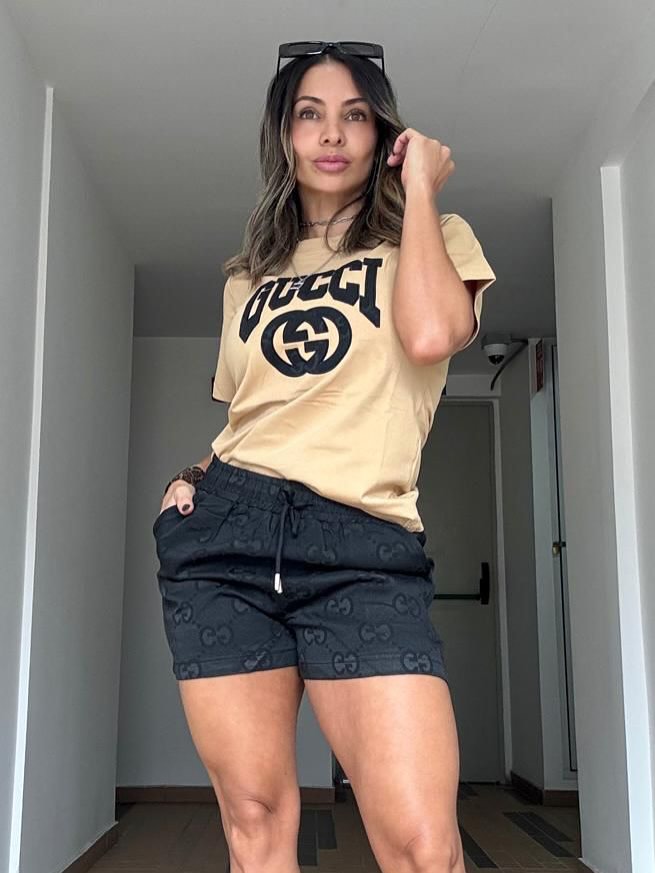 Women Summer Embroidered Printed Short Sleeve Top and Shorts Two-Piece Set 10