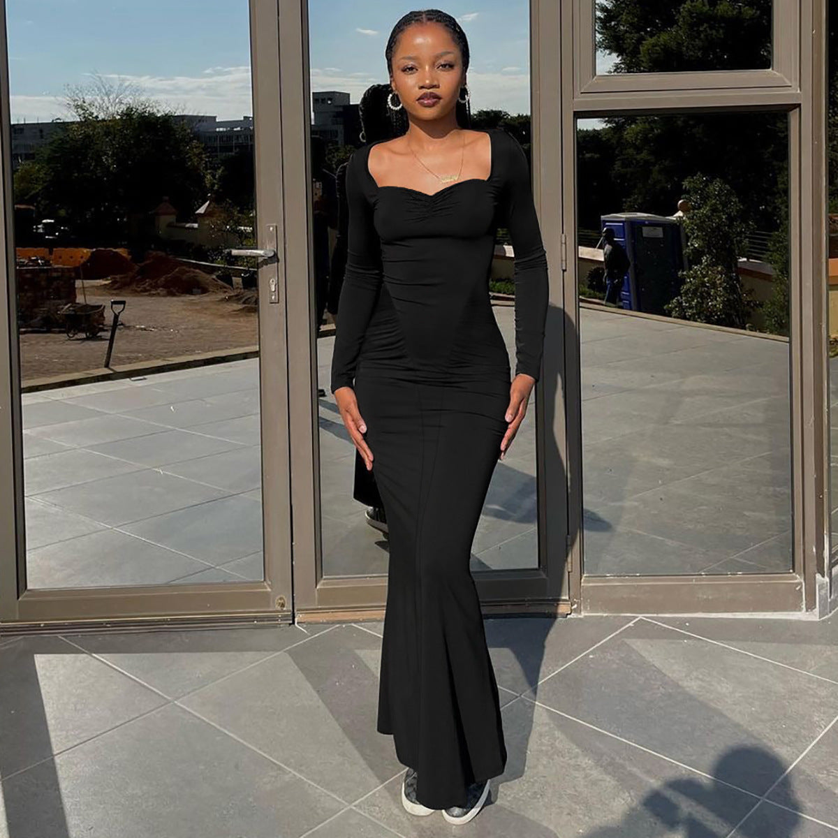 Women's Autumn Fashion Sexy Square Neck Long Sleeve Slim Long Dress 3