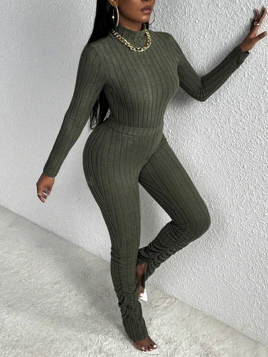 Women's Knitting Autumn And Winter Long Sleeve Fashion Solid Color Tight Slim Two Piece Pants Set