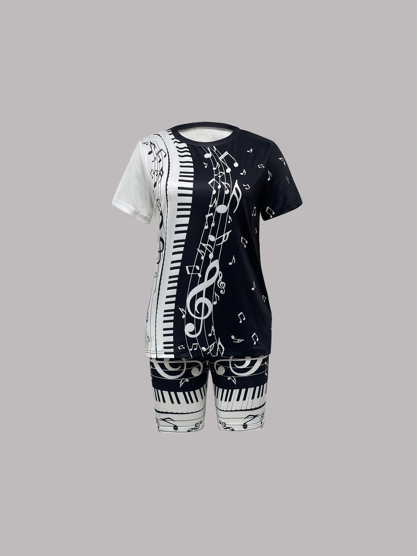 Women's Spring/Summer Geometric Stripe Round Neck T-Shirt & Tight-Fit Shorts Casual Set 26