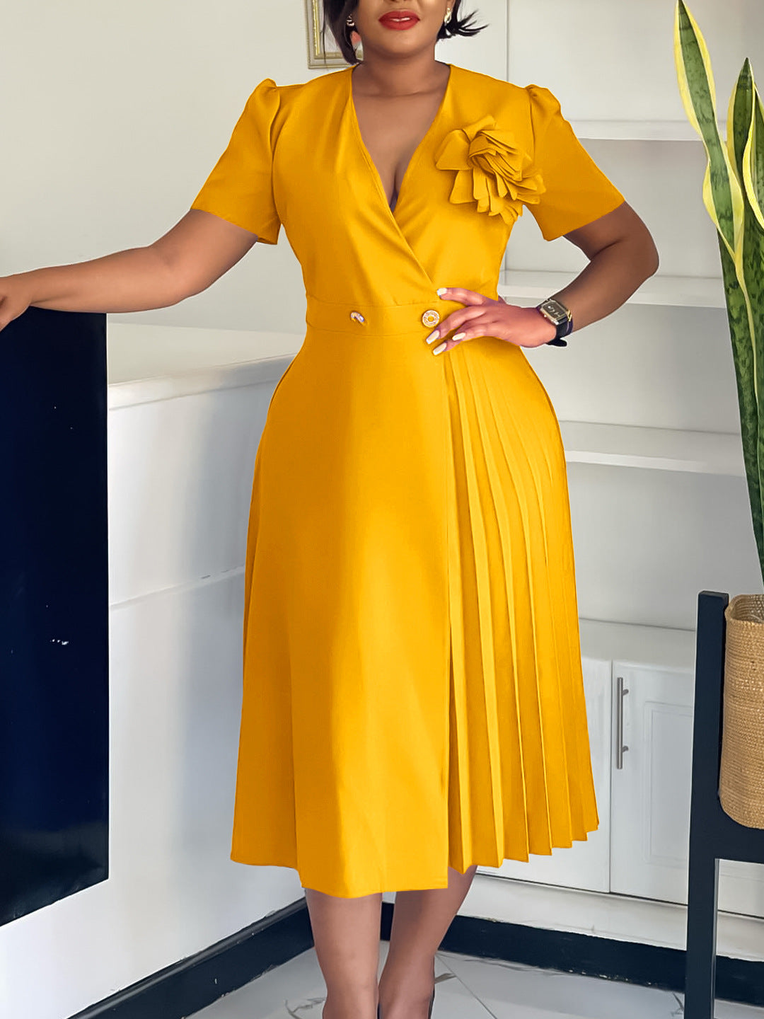 Women's Summer V-Neck Fashion Short Sleeve Solid Color Elegant Pleated African Dress 8