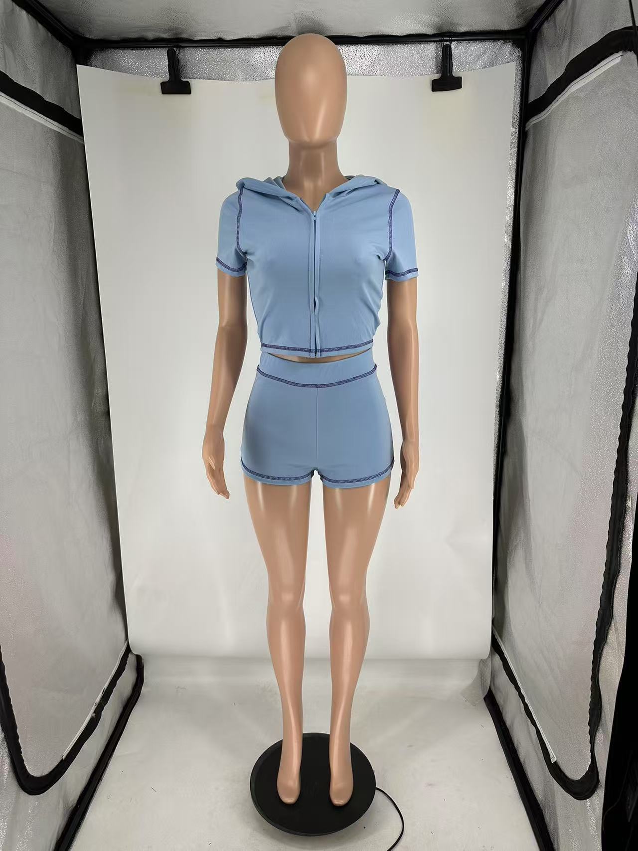 Summer Zipper Hooded High Stretch Sports Casual Short Sleeve Two Piece Shorts Set 15