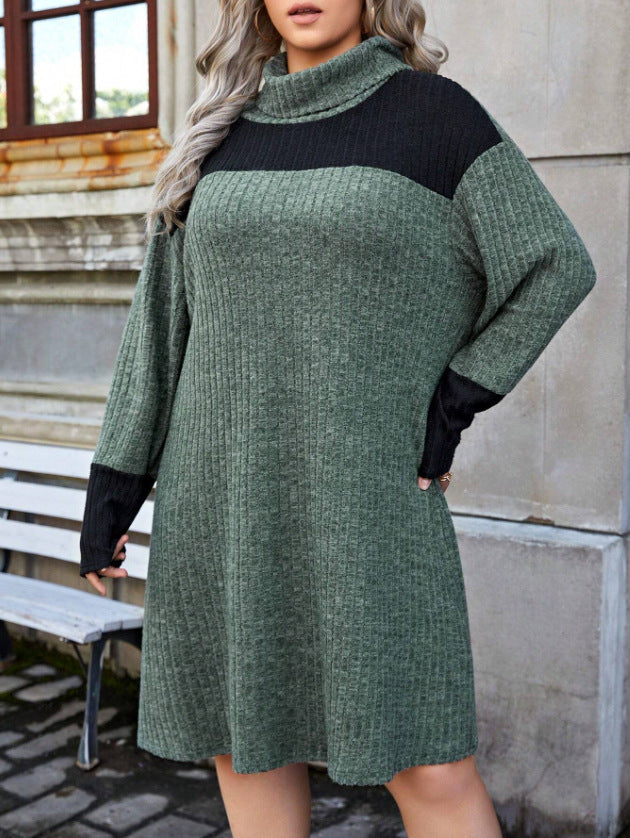 Plus Size Women High Neck Knitting Color Block Loose Casual Dress 6