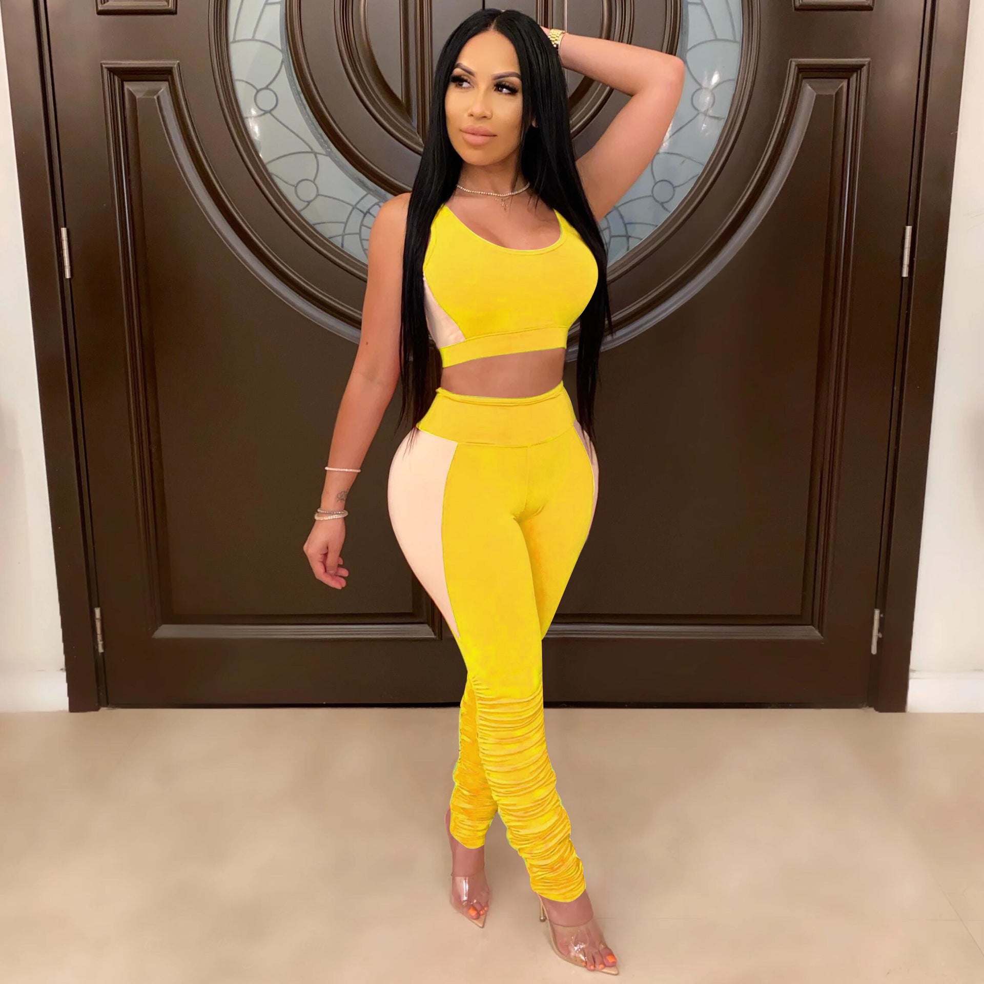 Women Sexy Solid Patchwork Gathered Sports Top and Pant Two-piece Set 11