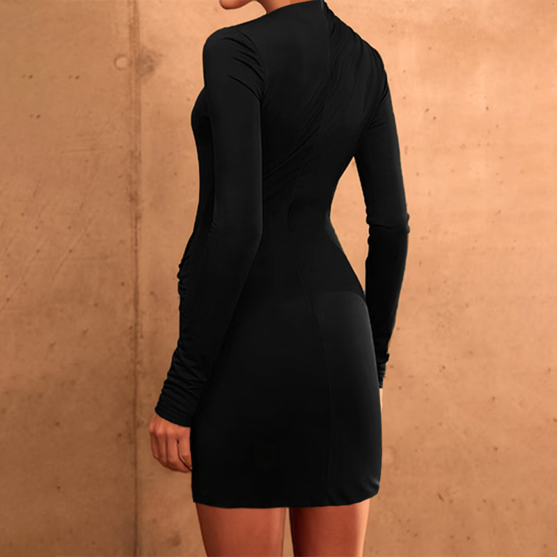 Women Sexy V-Neck Hollow Metal Button Long-Sleeved Bodycon Dress 4