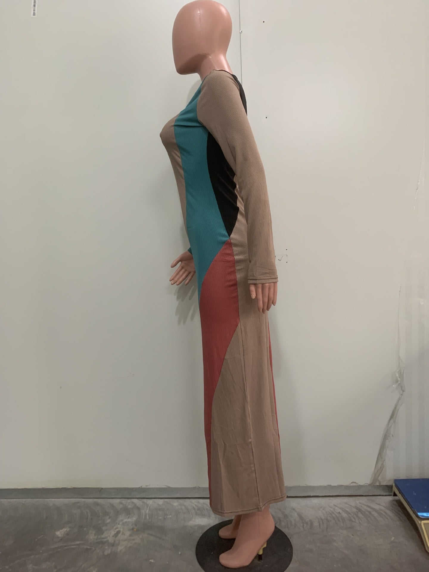 Women's Fashion Multi-Color Patchwork Long-Sleeved Ribbed Casual Dress 9