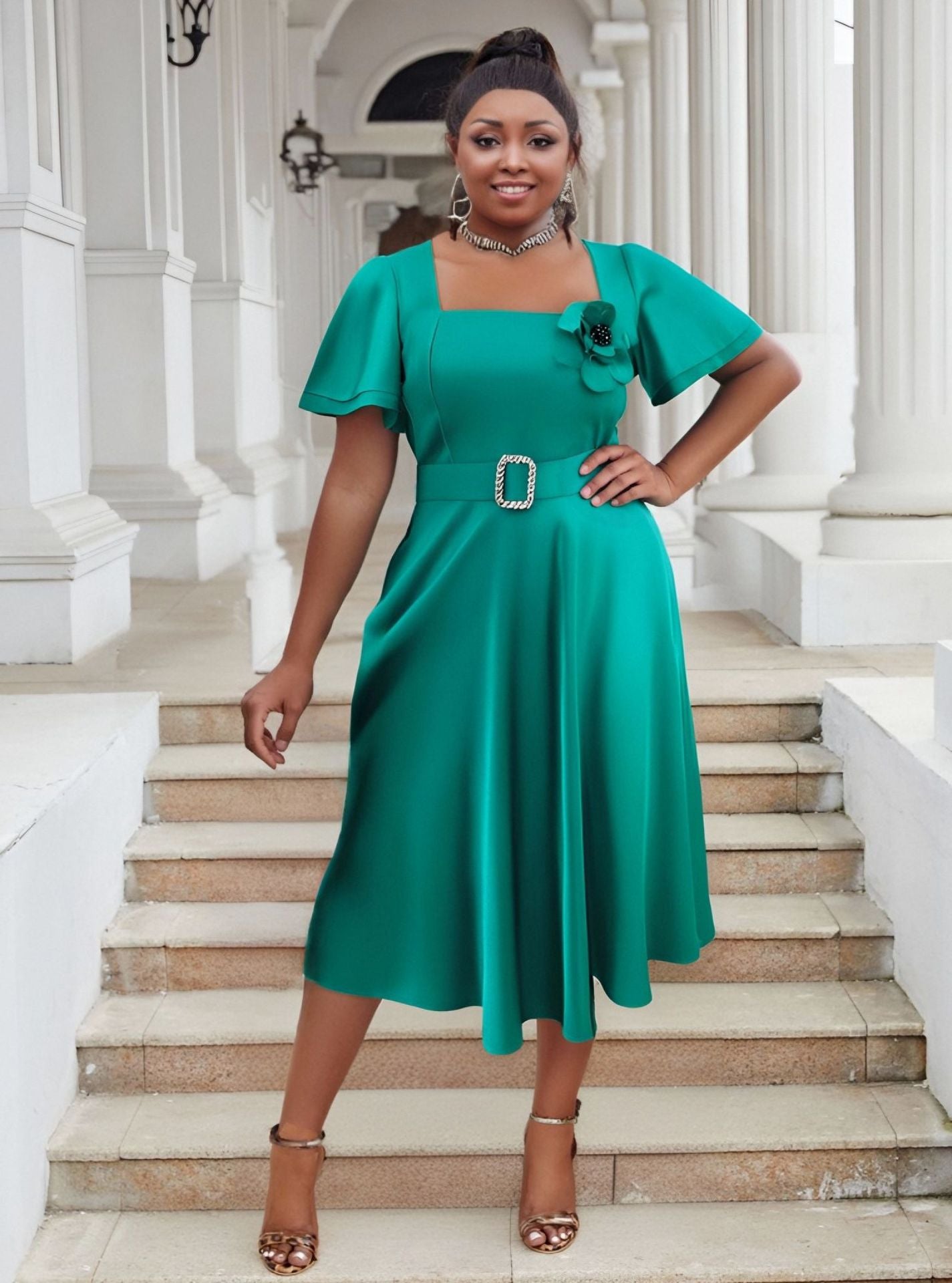 Plus Size Women Square Neck Solid High Waist Dress 10