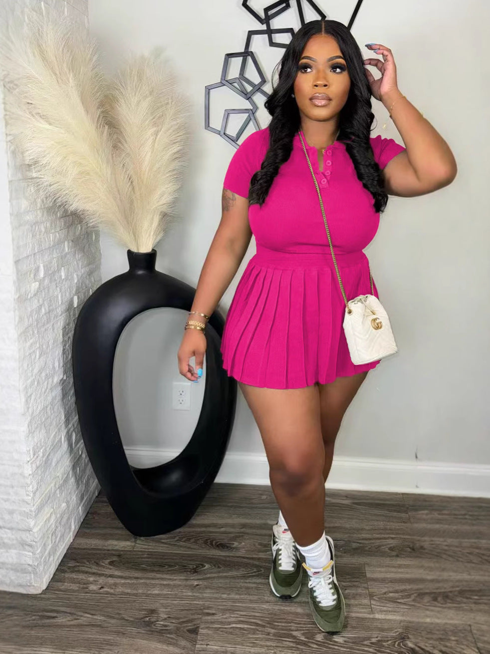 Women's Autumn Winter Turndown Collar Knit Top Pleated Skirt Set 8