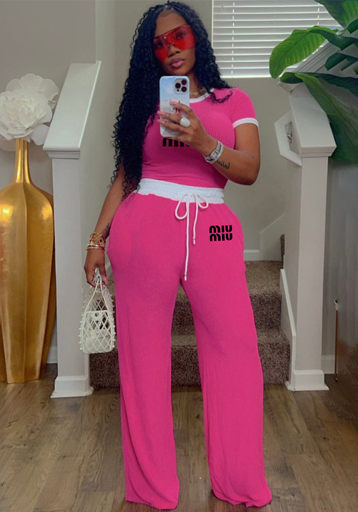 Women casual street contrast color printing Round Neck short-sleeved Top and Pant two-piece set