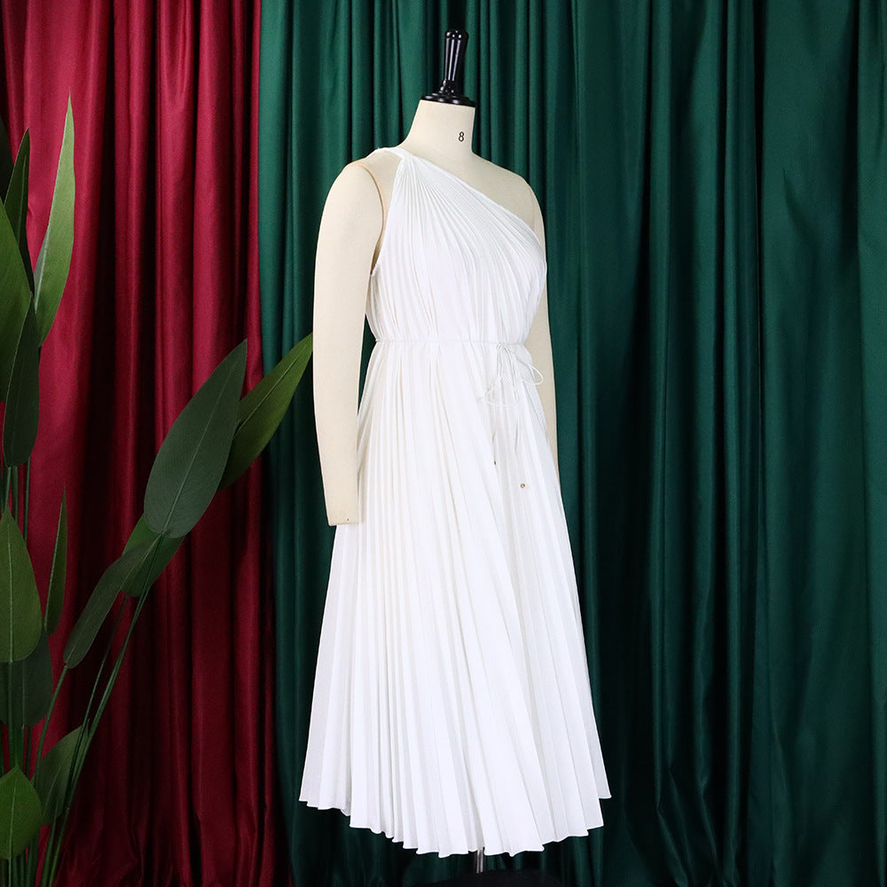 Women Summer Solid Slash Shoulder Lace-Up Loose Pleated Dress 17