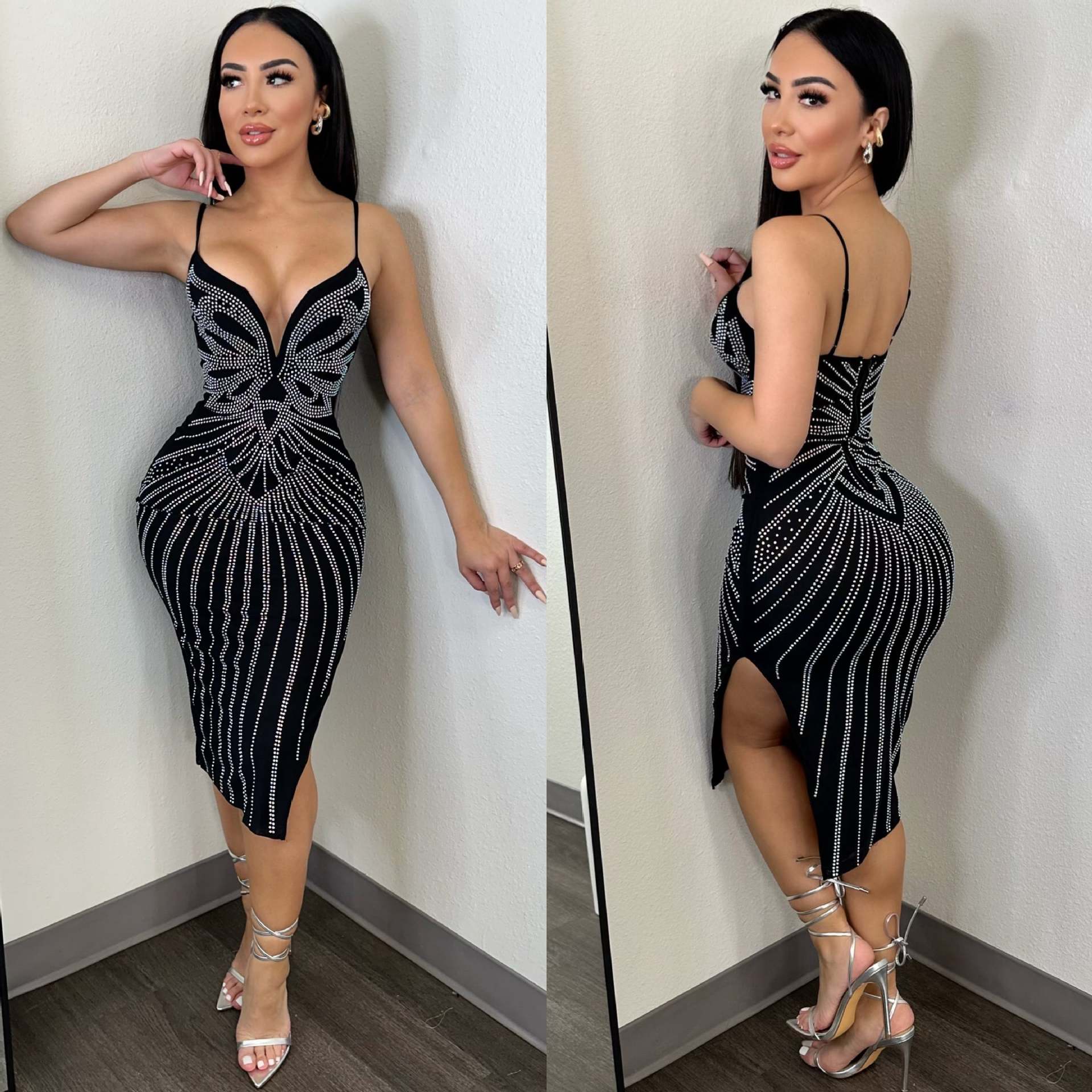 Women Sexy Beaded V-Neck Bodycon Split Dress