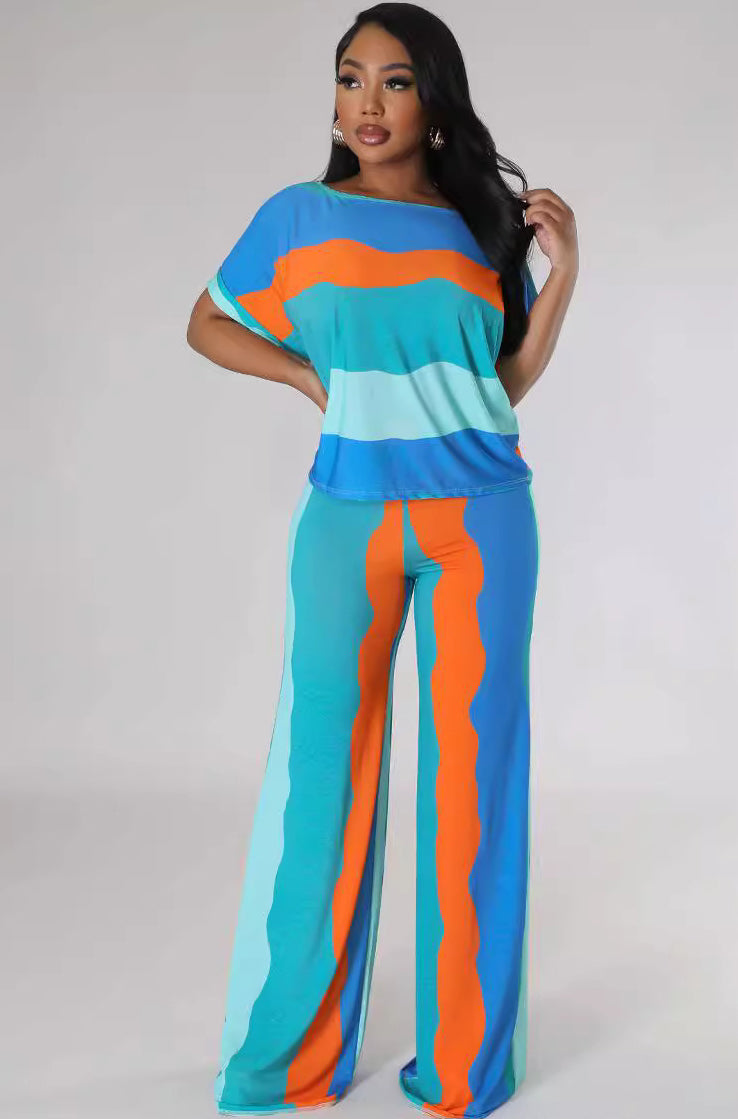 Stripe Printed Short Sleeve Loose Casual Two-Piece Pants Set