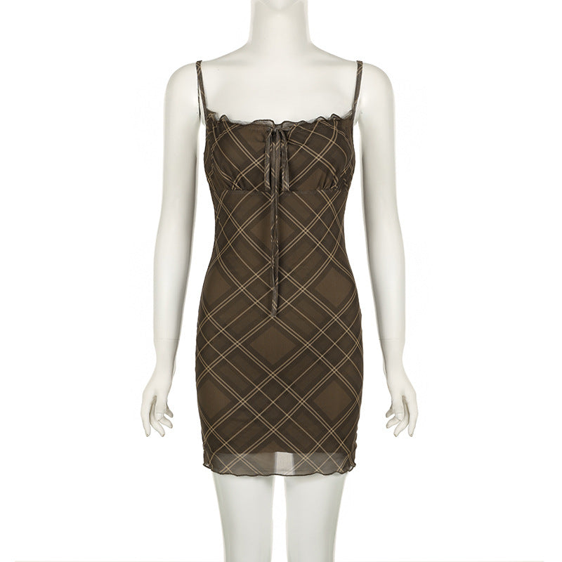 Plaid Mesh Patchwork  Strap Mini Dress 6
