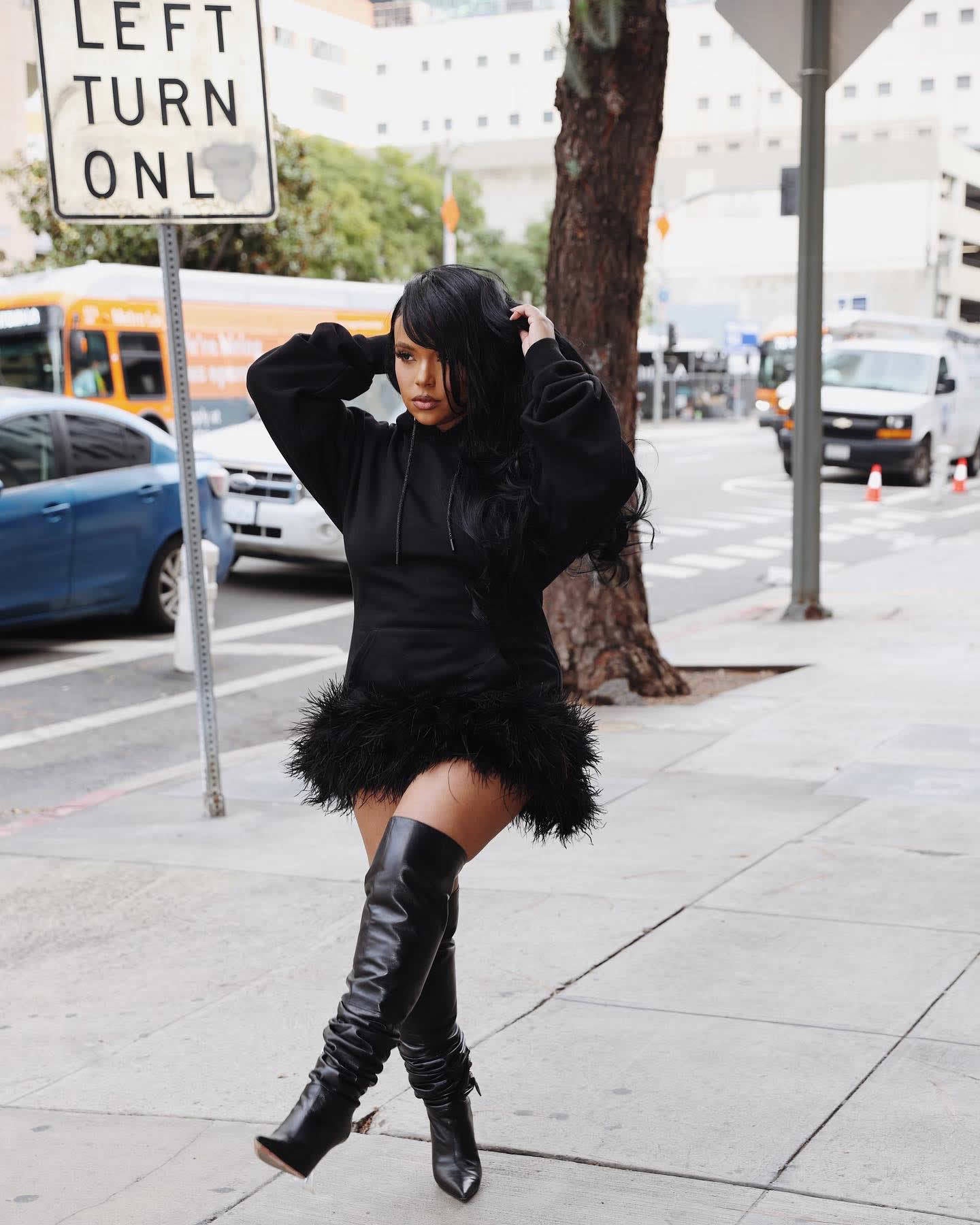 Women Hooded Feather Dress