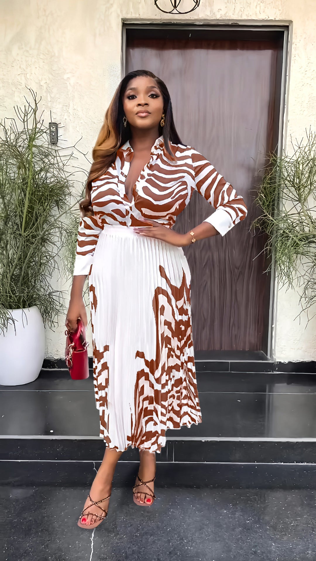 Women zebra print long-sleeved shirt and pleated skirt two-piece set 3