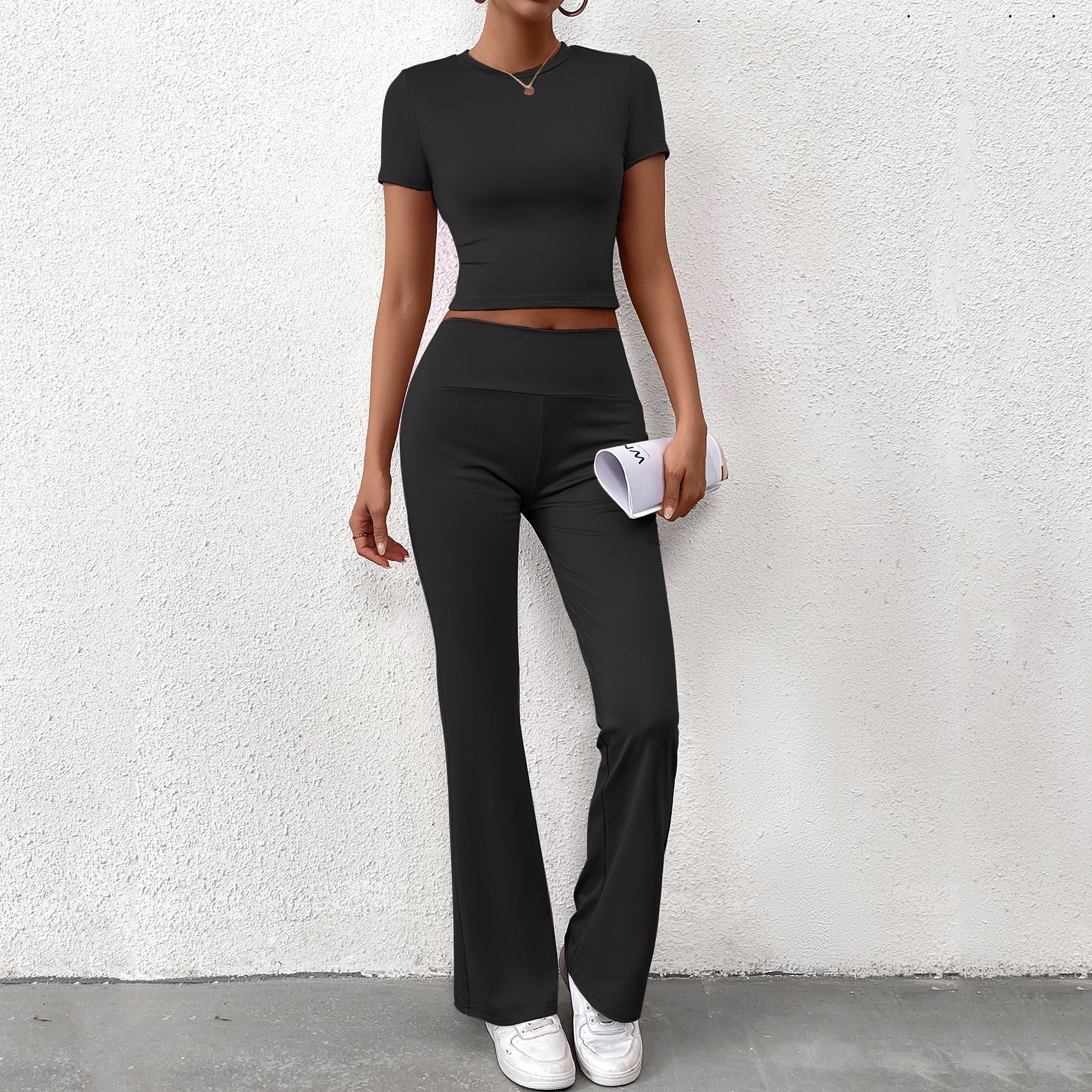 Women Summer Solid Casual Crop Top and Pant Two-piece Set 8