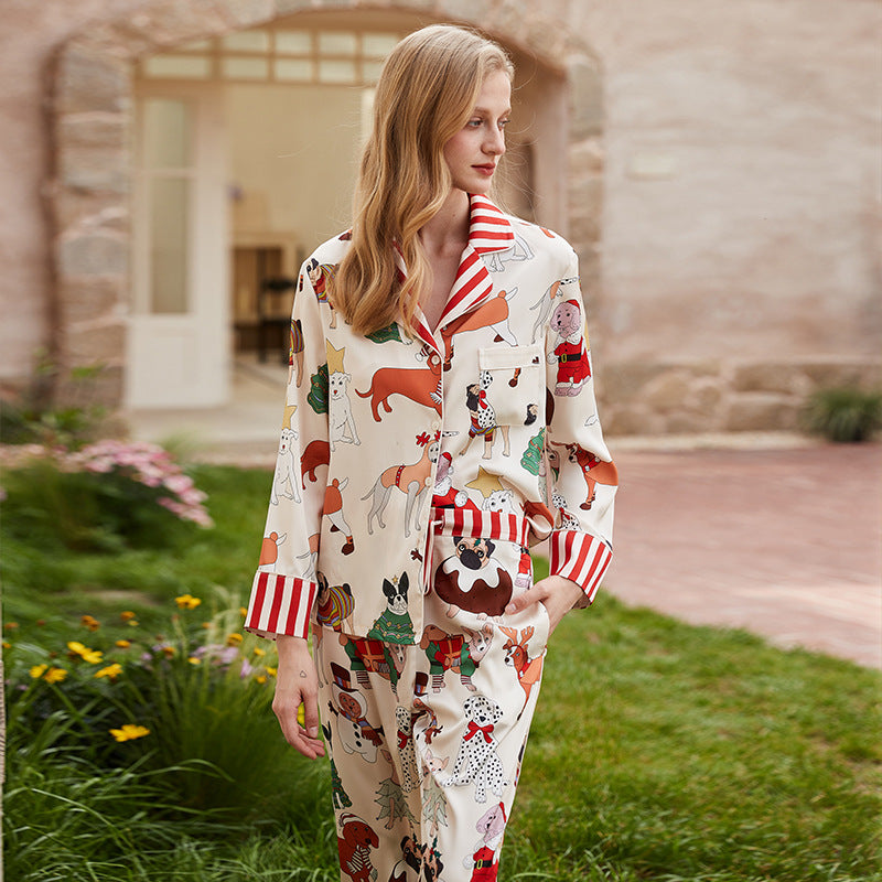 Christmas Dog Pajamas Women's Spring And Autumn Long Sleeve Turndown Collar Cartoon Print Home Clothes Women's Sleepwear