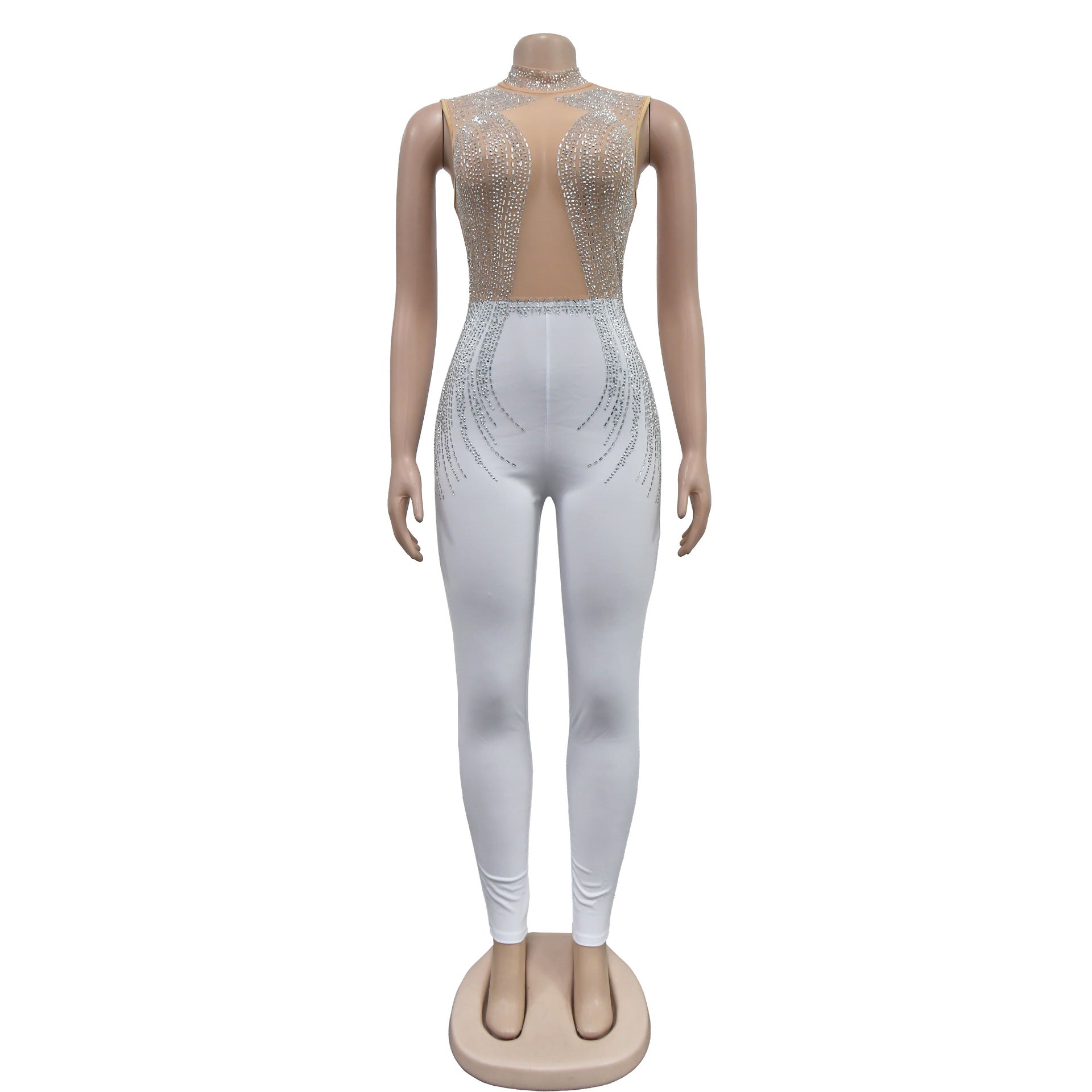 Fashion Women's Solid Color Beaded Mesh Sleeveless Jumpsuit 29