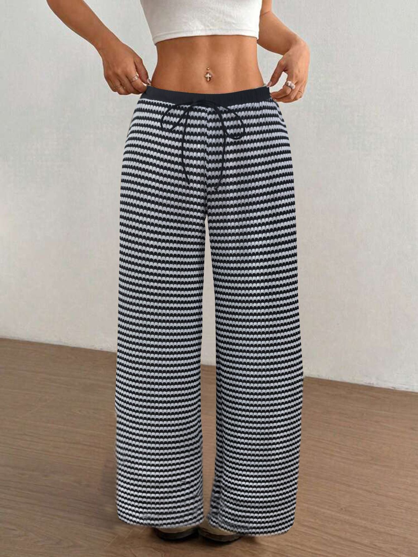 Women's Spring/Autumn Casual Black & White Striped High Waist Loose Wide-Leg Pants