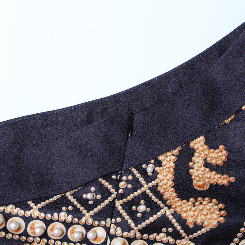 Women French Retro Beaded Single Sleeve Slash Shoulder Long Sleeve Dress 7