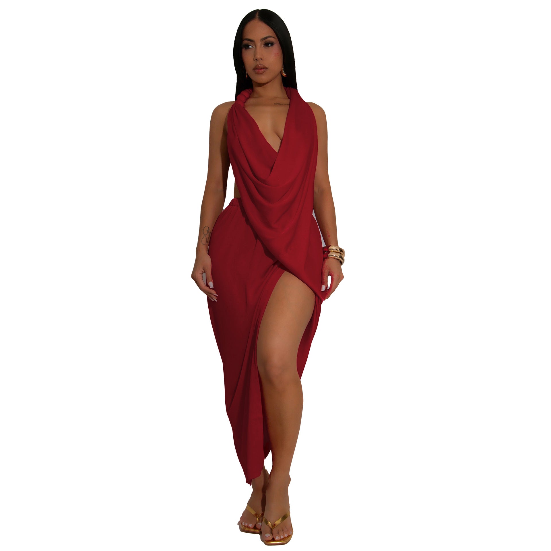 Women V Neck beaded Halter Neck sexy slit Solid pleated dress 10