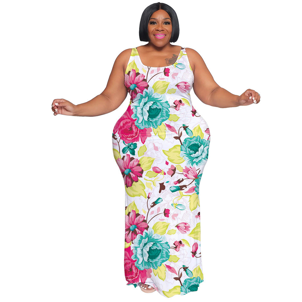 Plus Size Women's Summer Casual Sleeveless Digital Print Long Dress 13