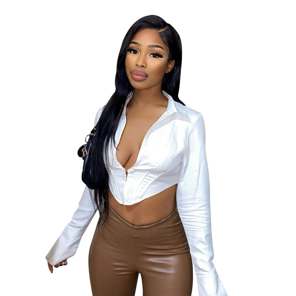 Spring Women's Sexy Long Sleeve White Shirt Women's cropped inspired design Top 7