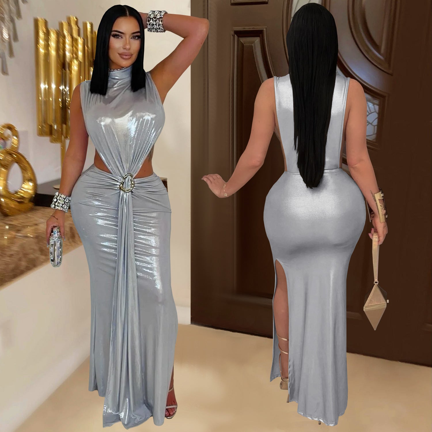 Women Sexy Elegant High-Neck Slit Dress 5