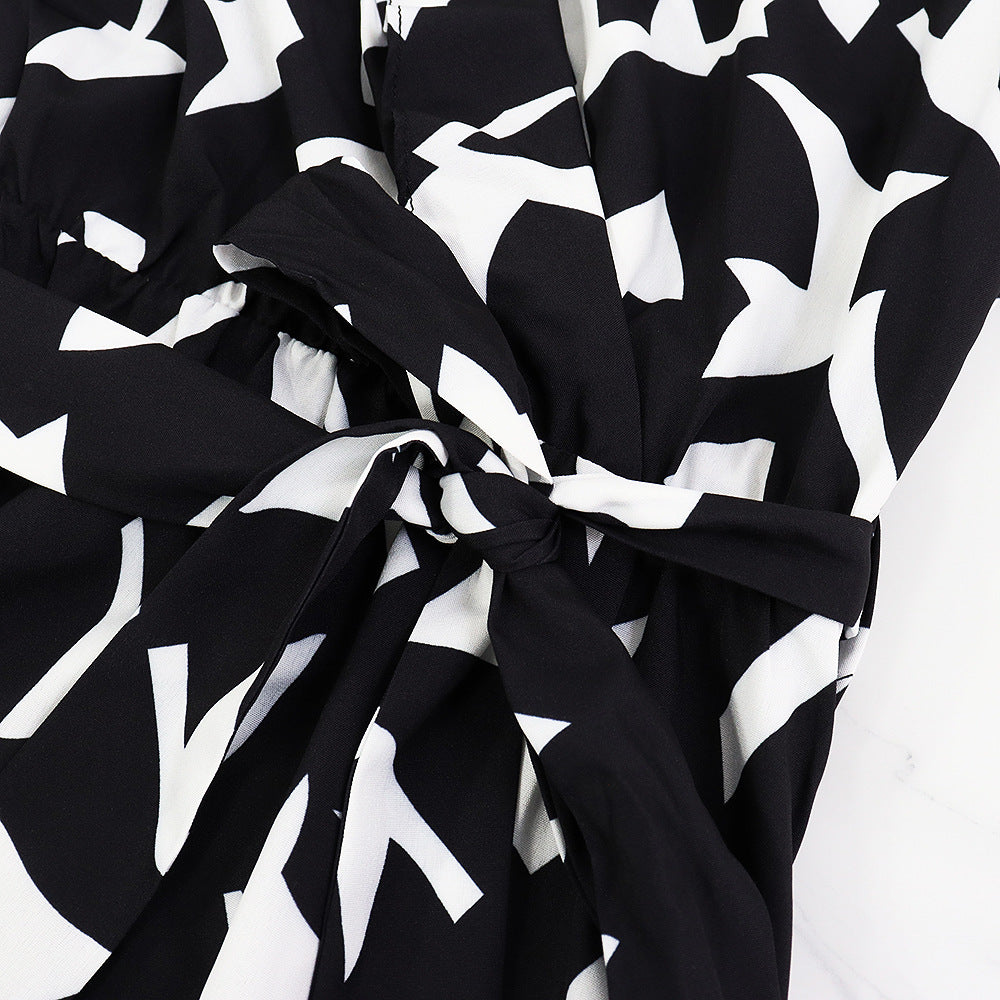 Chic Elegant Dress V-Neck Slim Waist Belt Black And White Printed Mid-Length Dress 11