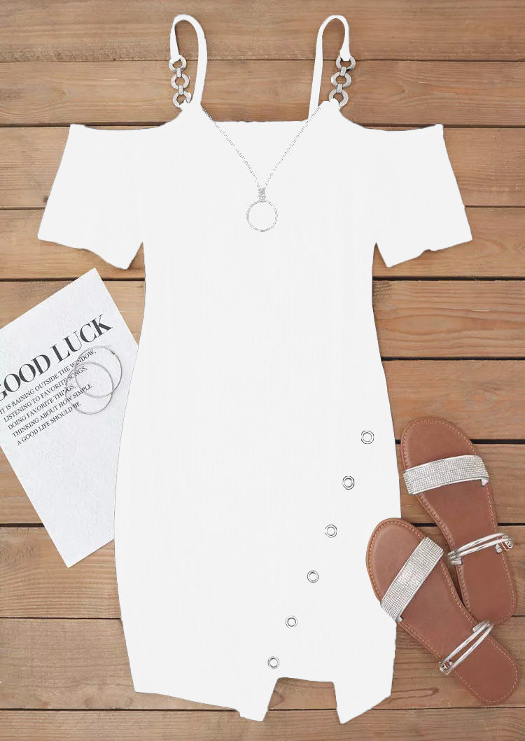 Women Fall and Winter V-neck Short Sleeve Solid Metal Slit Dress 13