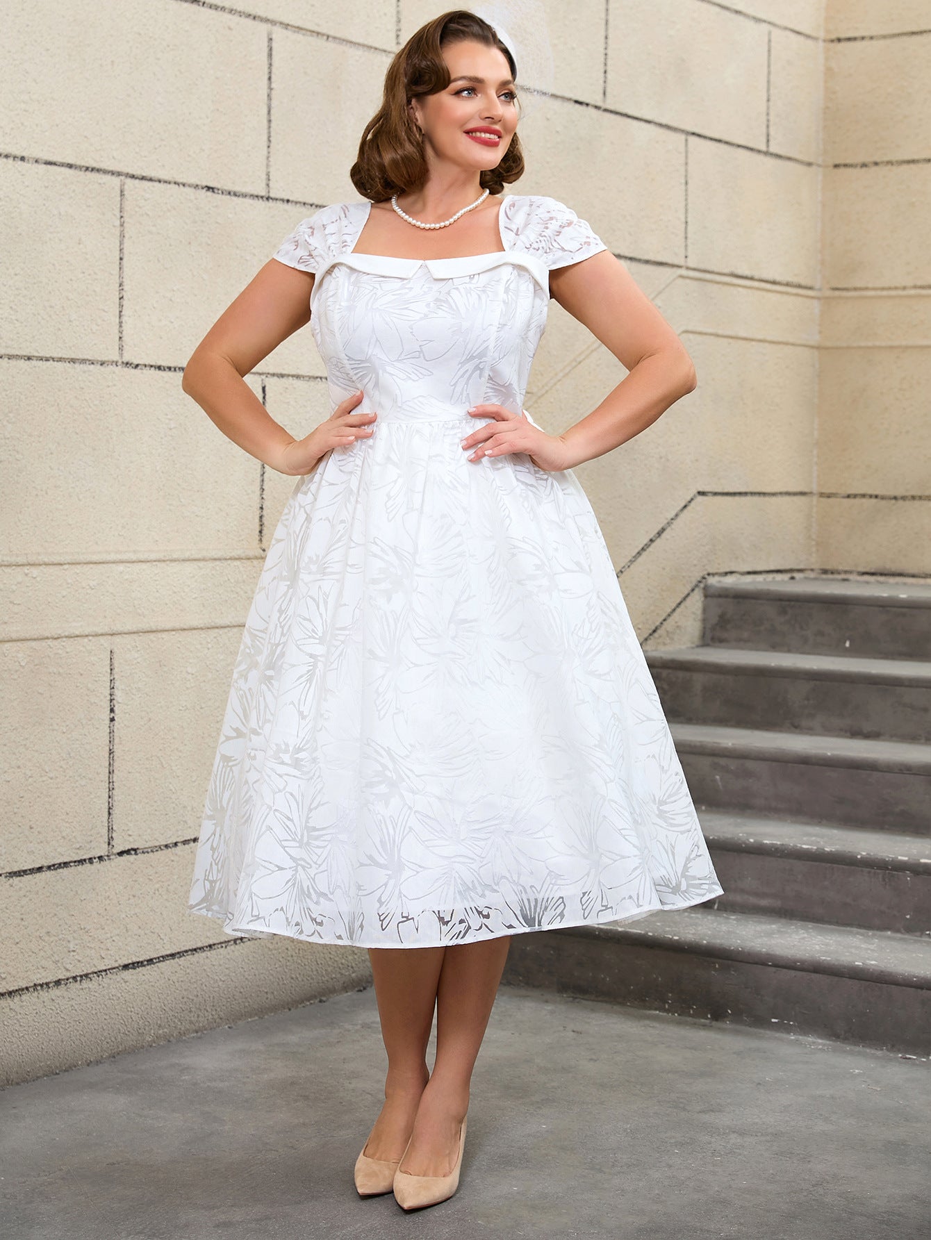 Plus Size Wedding Jacquard White Square-Neck High-Waist A-Line Elegant Wedding Dress 8