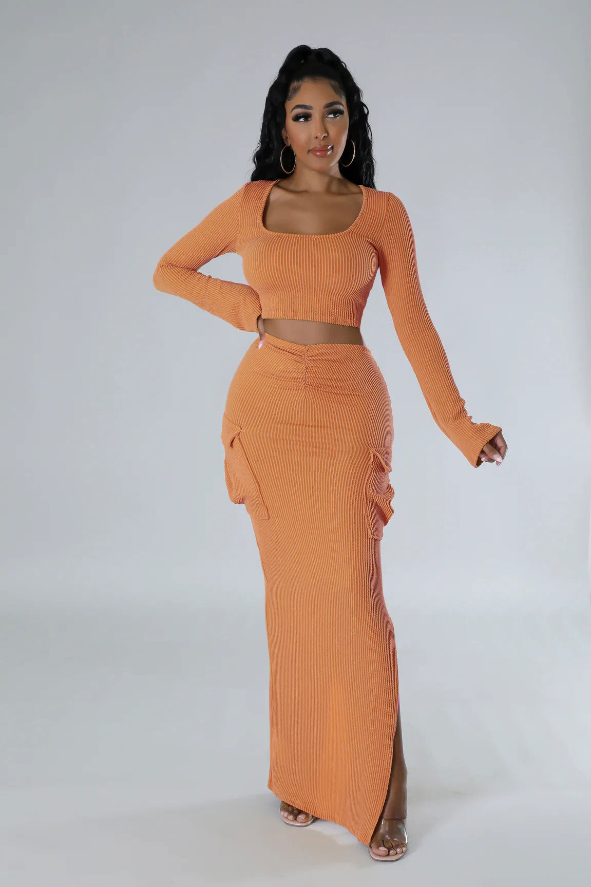 U-neck Tight Fitting short top with high waist and slit Bodycon long skirt autumn and winter two-piece set 13