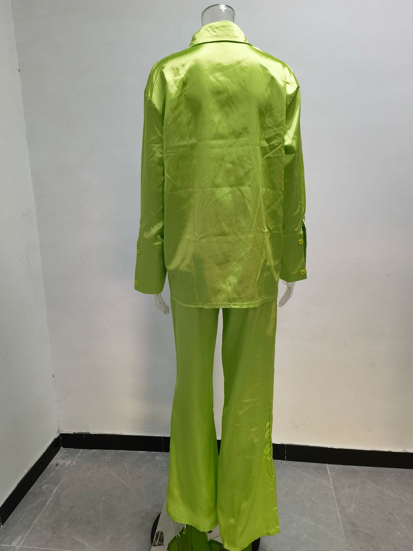 Solid Color Satin Long Sleeve Casual Two Piece Pants Set Trendy Lounge Wear 27