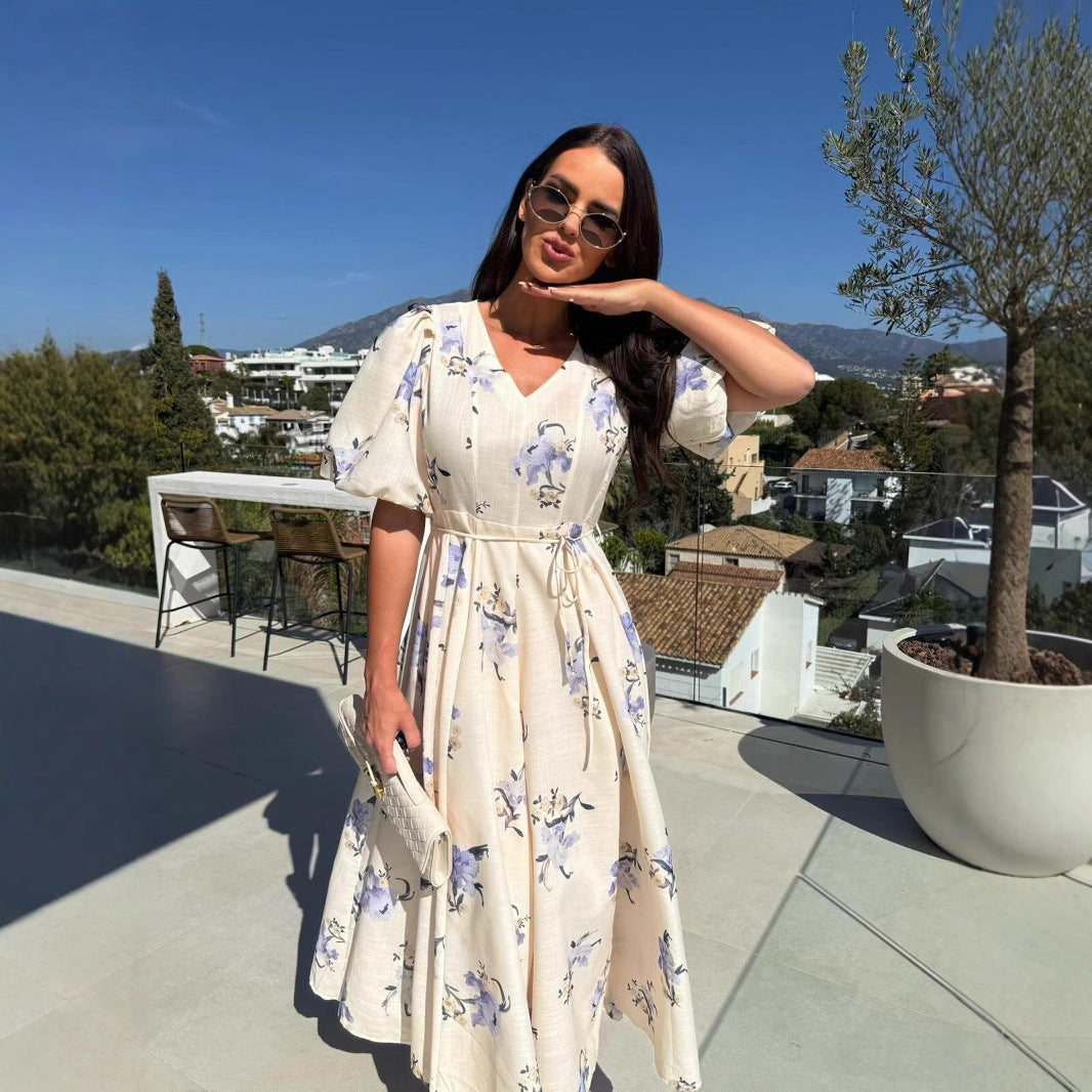 Women's Short-Sleeve Floral Print Belt Casual A-line Dress 3