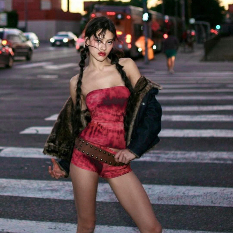 Women Spring Sexy Printed Off Shoulder Tank Top Shorts Two-piece Set 8