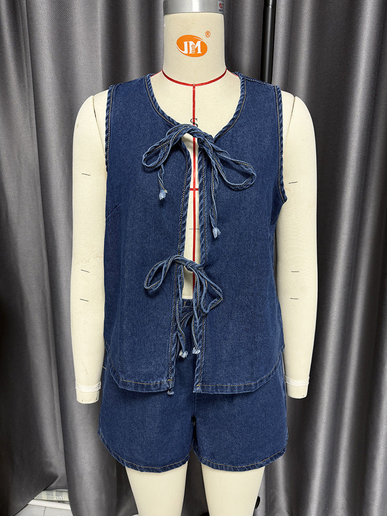 Women summer sleeveless lace top and denim shorts two-piece suit 16