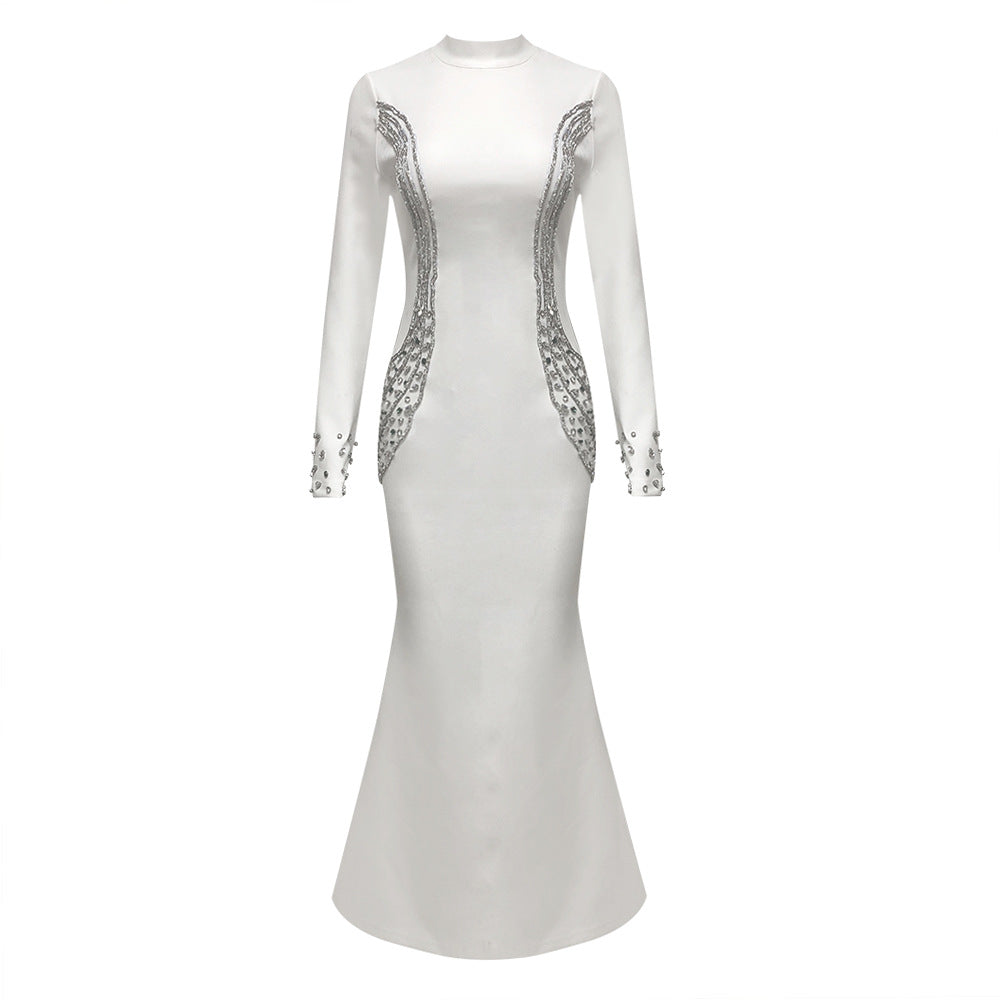 Fall/Winter Long-Sleeve Bandage Dress Rhinestone High Neck Party Gown 9