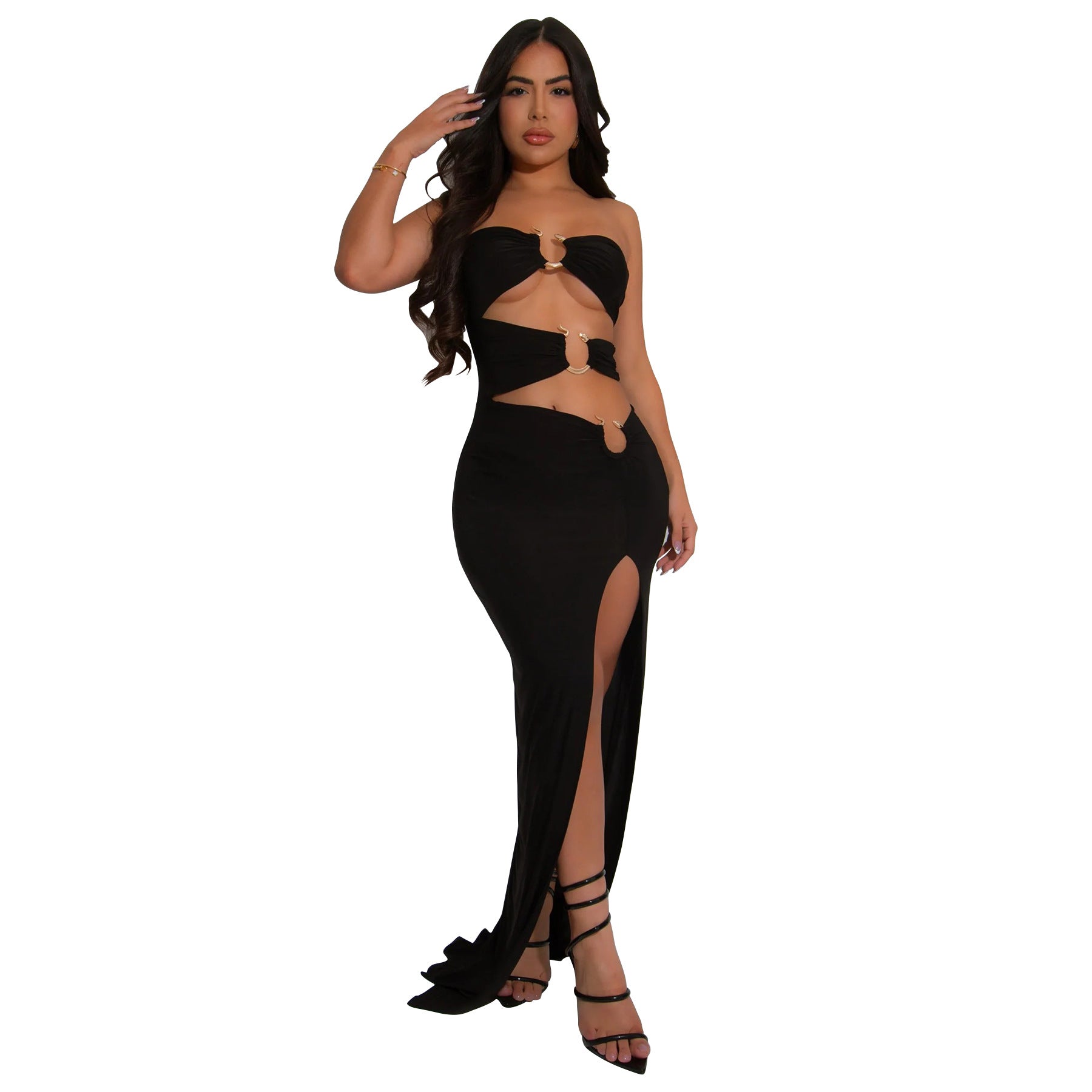 Fashion Women's Metal Decoration Solid Color Low Back Sexy Strapless Slit Long Dress