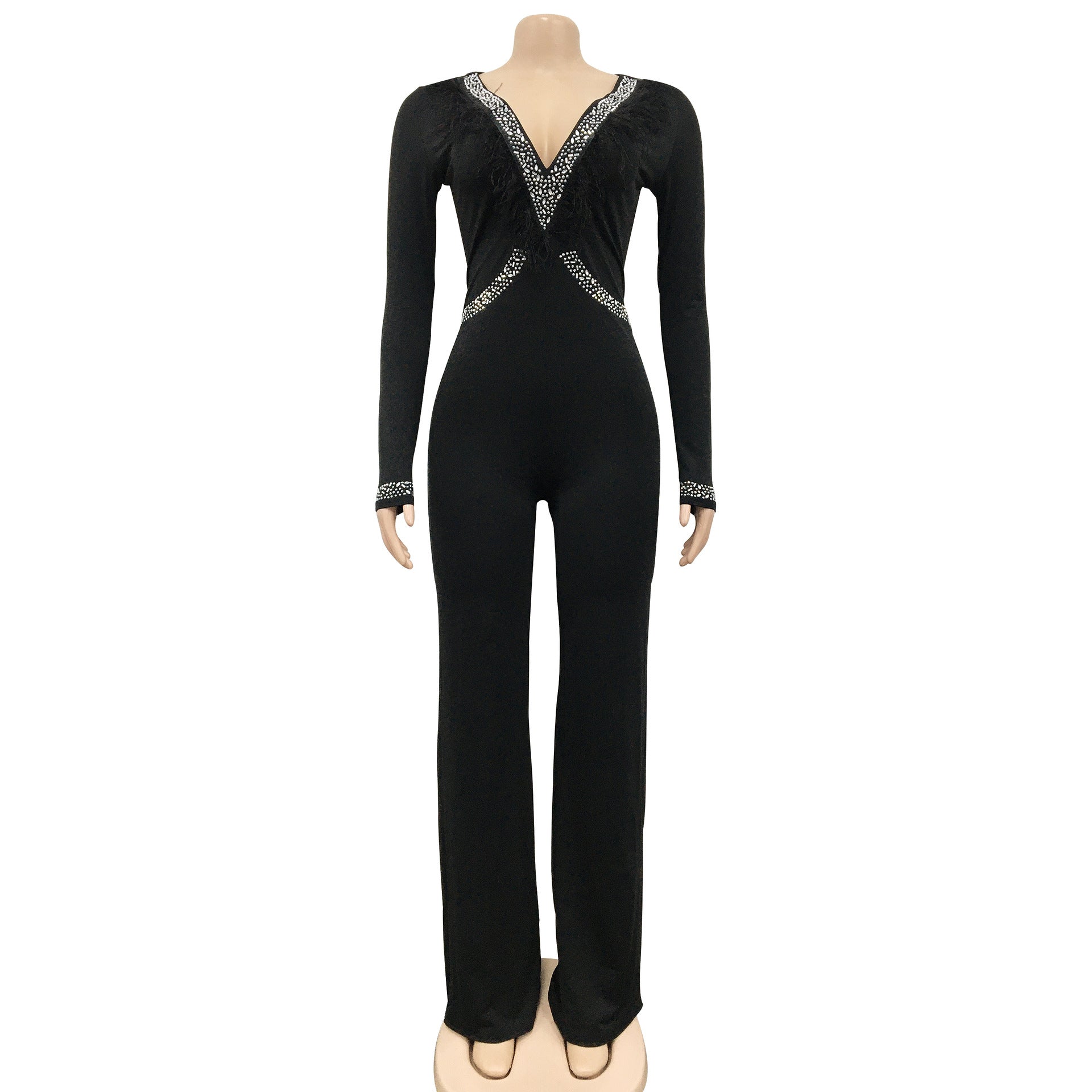 Women'S Fashion Feather Patchwork Beaded V-Neck Long Sleeve One Peice Trousers Sexy Ladies Jumpsuit 30