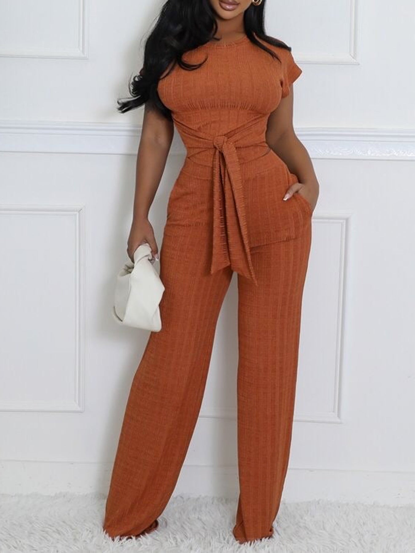 Women Round Neck Short Sleeve Top Casual Pants Two-Piece Set 6