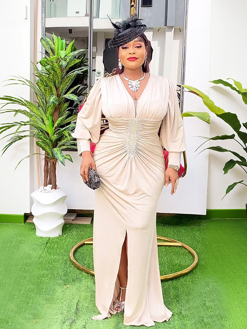 Elegant Solid Color Long Sleeve High Waist Formal Party Plus Size Dress Dubai Winter African Women's Clothing 6