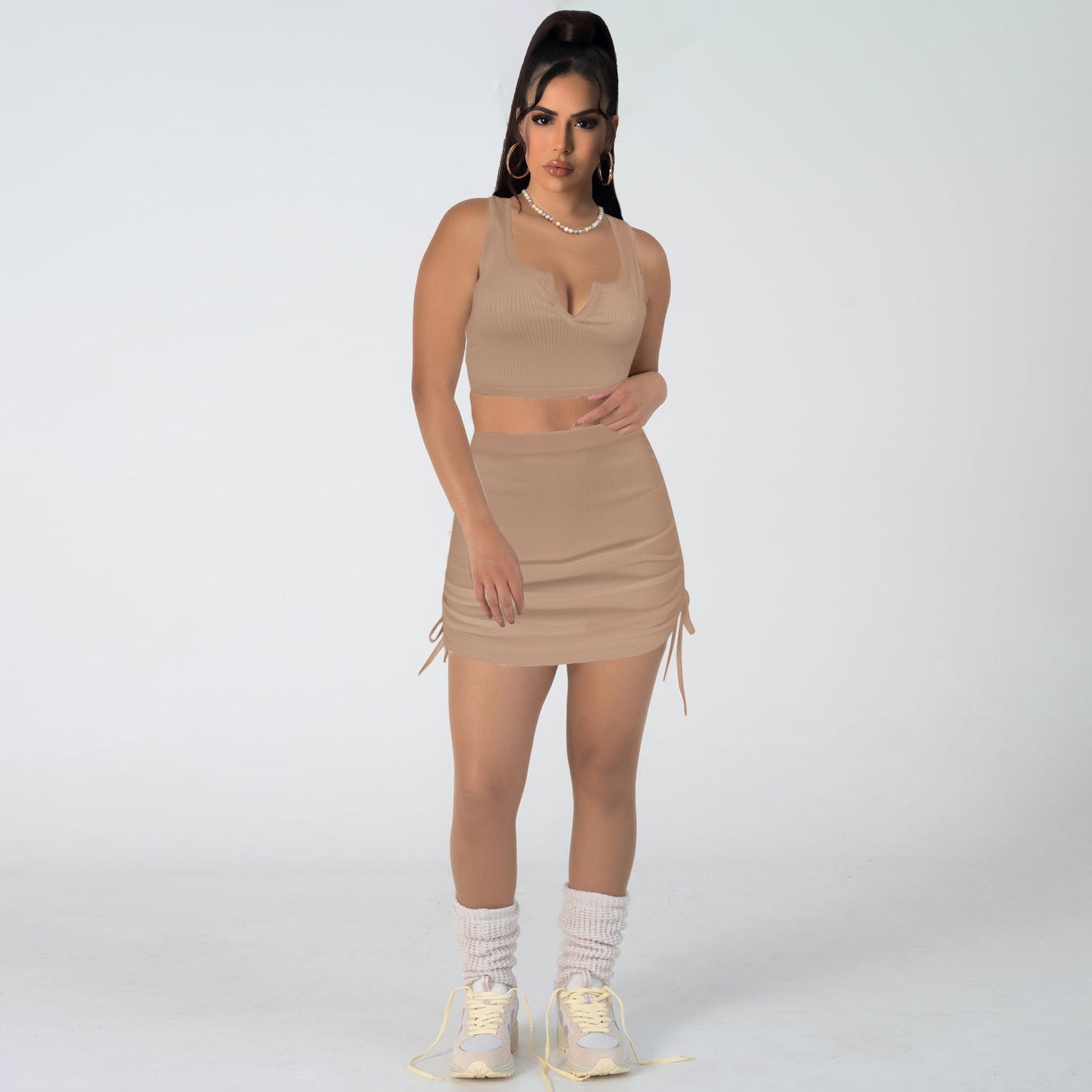 Women Stretch sexy v-neck Top and drawstring Solid Skirt two-piece set 6