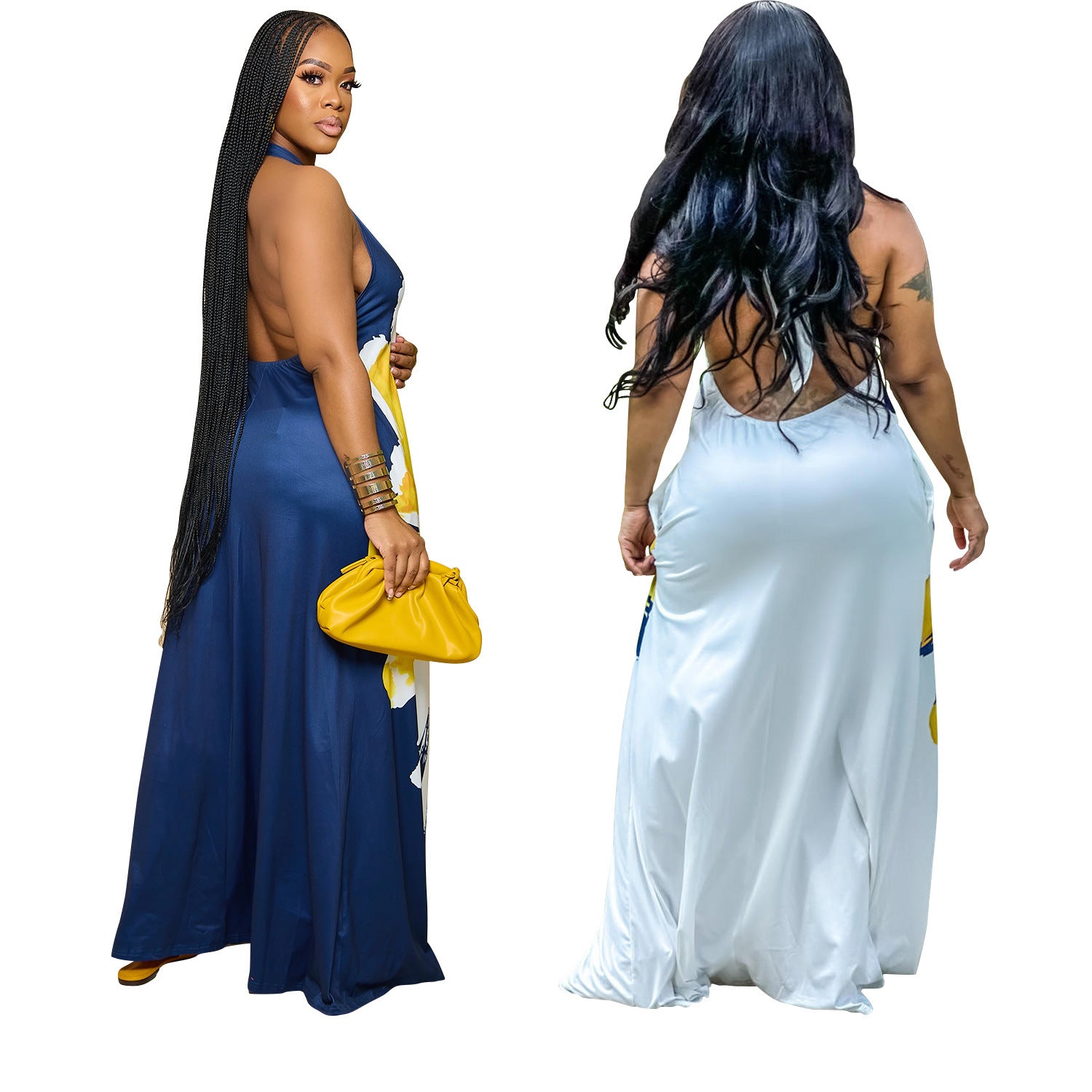 Women's Fashion Low Back Halter Neck Gown Print Maxi Dress 7