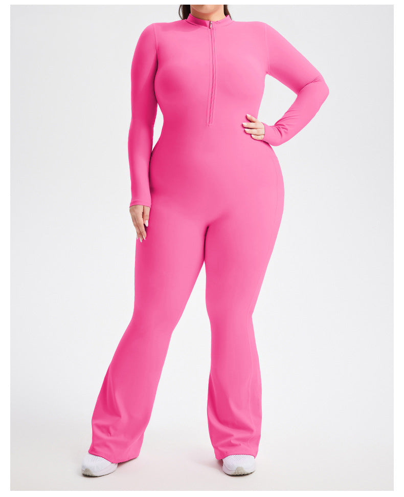 Plus Size Zipper Long Sleeve Fitness Sport Bell Bottom Jumpsuit Tight Fitting Yoga wear 3