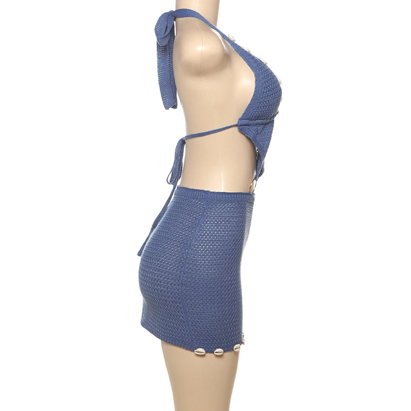 Women Spring Knitting Sexy Beaded Bodycon Halter Neck Lace Hollow Dress 8