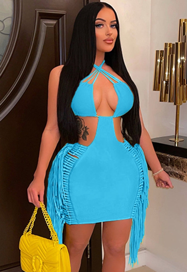 Women Summer Blue Sexy Halter Sleeveless Solid Tassel Mini Club Dress 3