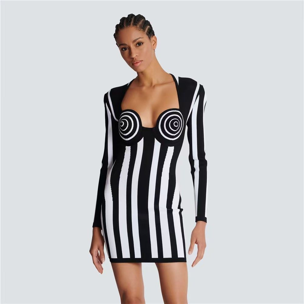 Women black and white vertical striped bandage dress 3