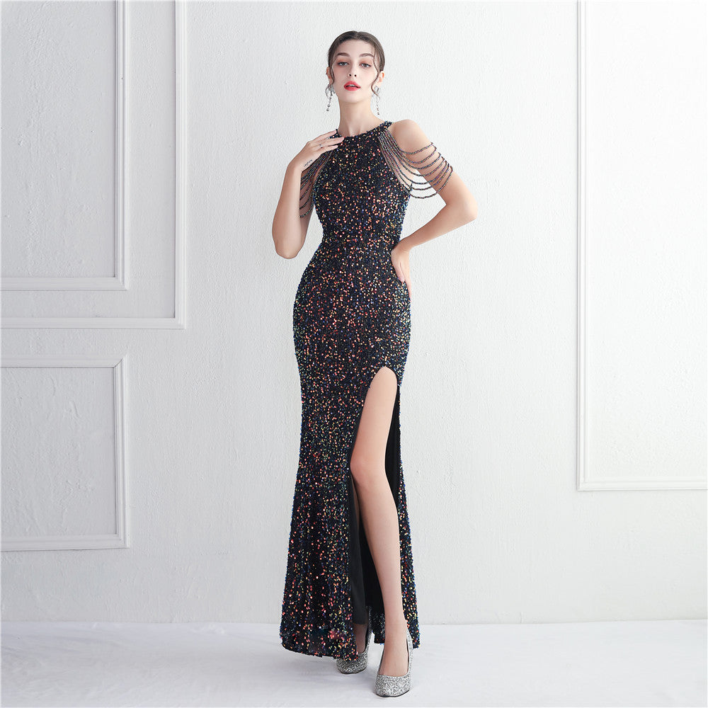 Beading Formal Party Chic Elegant Long Halter Neck Split Sequins Evening Dress 13