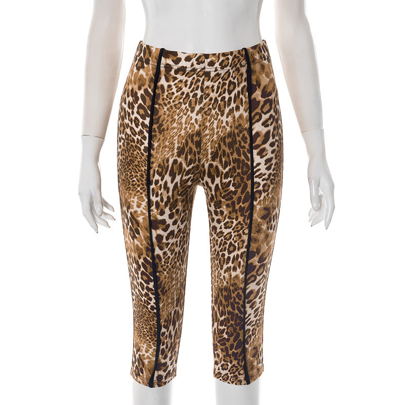 Summer Women's Sexy Tight-Fitting Leopard Print Striped Five-Point Shorts Casual Pants 5