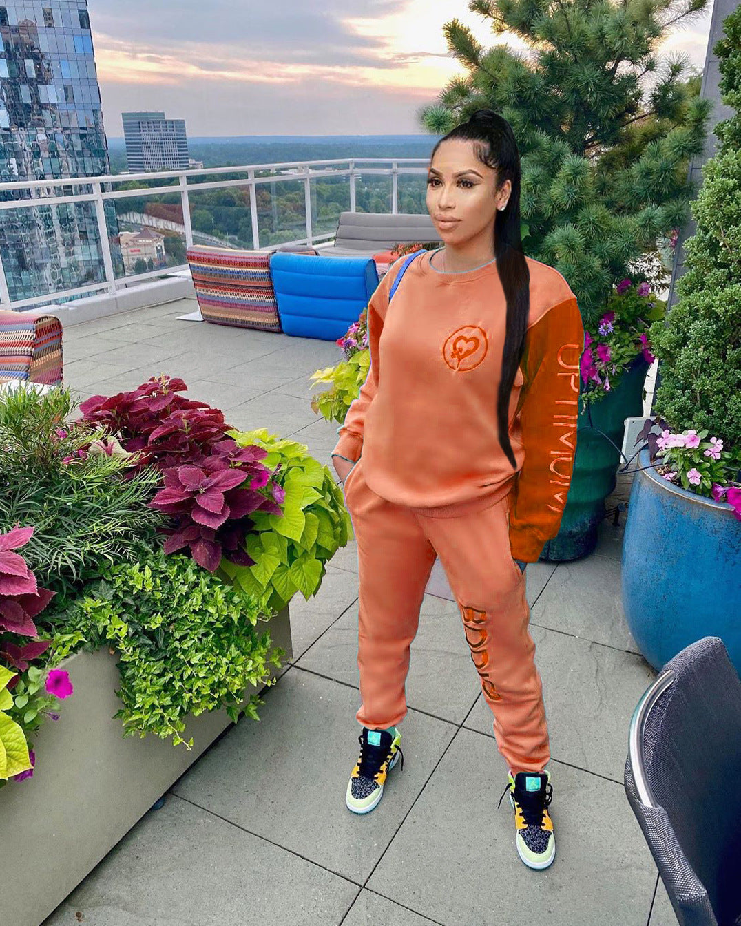 Women Casual Color Block Long Sleeve Printed Top and Pant Two Piece Set